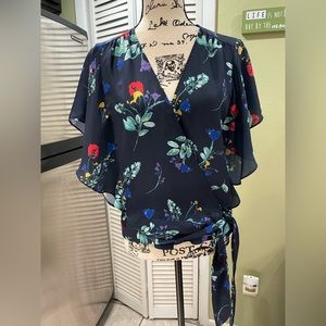 Parker Colorful Floral Print Butterfly Short Sleeve Wrap Tie V-Neck Blouse Sz SM